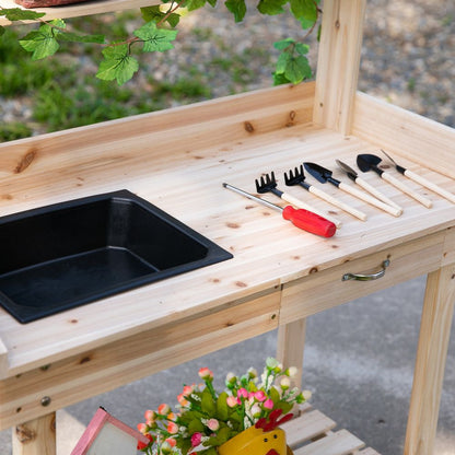 Wooden Bench Work Table - Includes Sink, Drawer, Storage Spaces, with 2 Wheels, 92x45x119cm