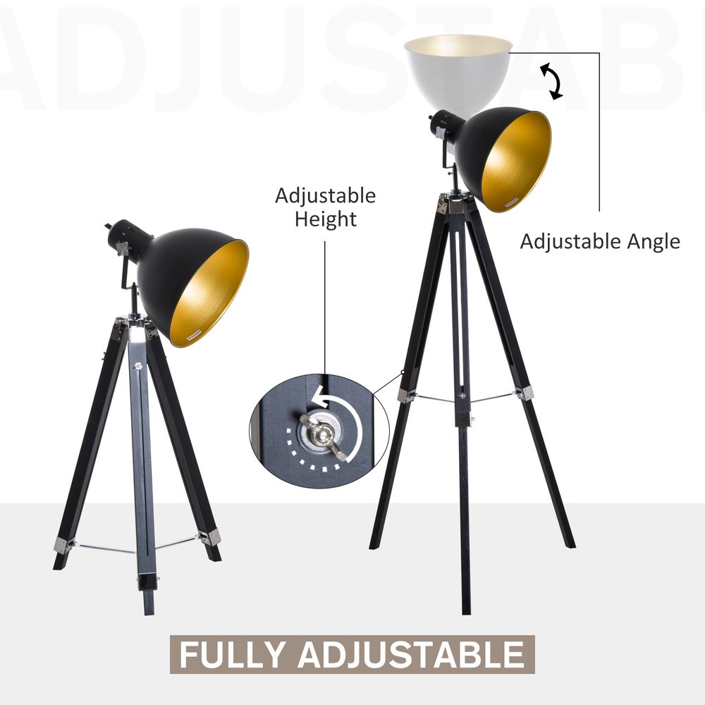 Retro Tripod Floor Lamp with Dome Shade and Wooden Legs in Black/Gold