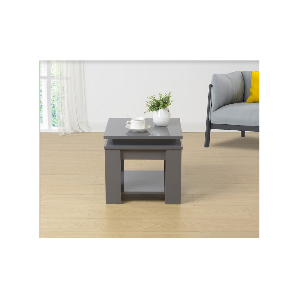 Grey Square Side Table with Blue LED Light, Contemporary Style