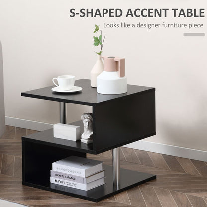 Wooden Side S-Shape Cube Coffee Table – 2-Tier Console in Black, 50x50x50 cm