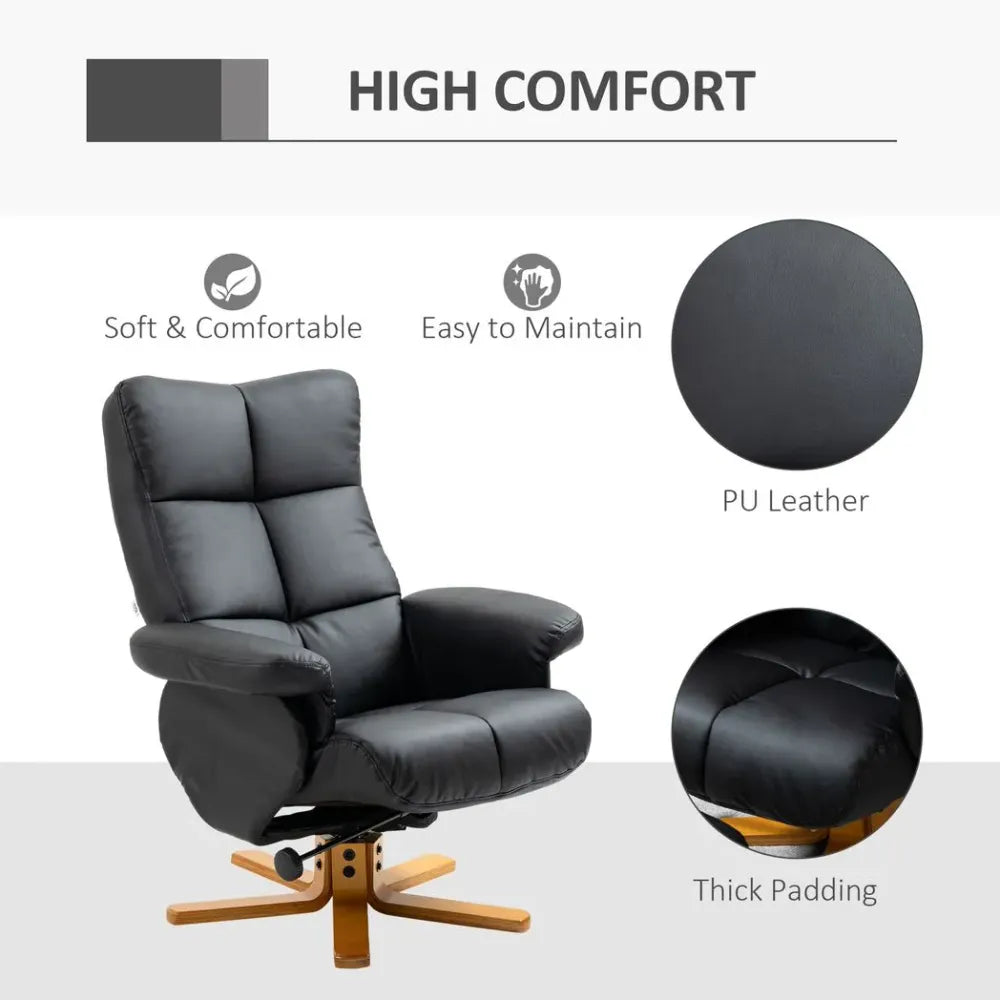 Faux Leather Recliner Chair with Ottoman and Storage Space, Black