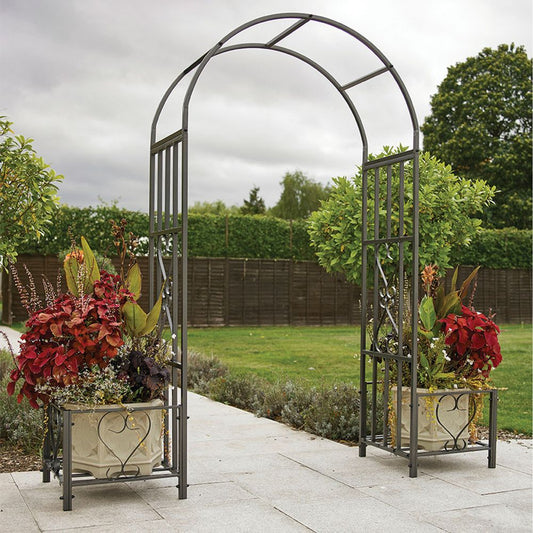 Huntingdon Ornamental Arch with Planters, Elegant Garden Feature