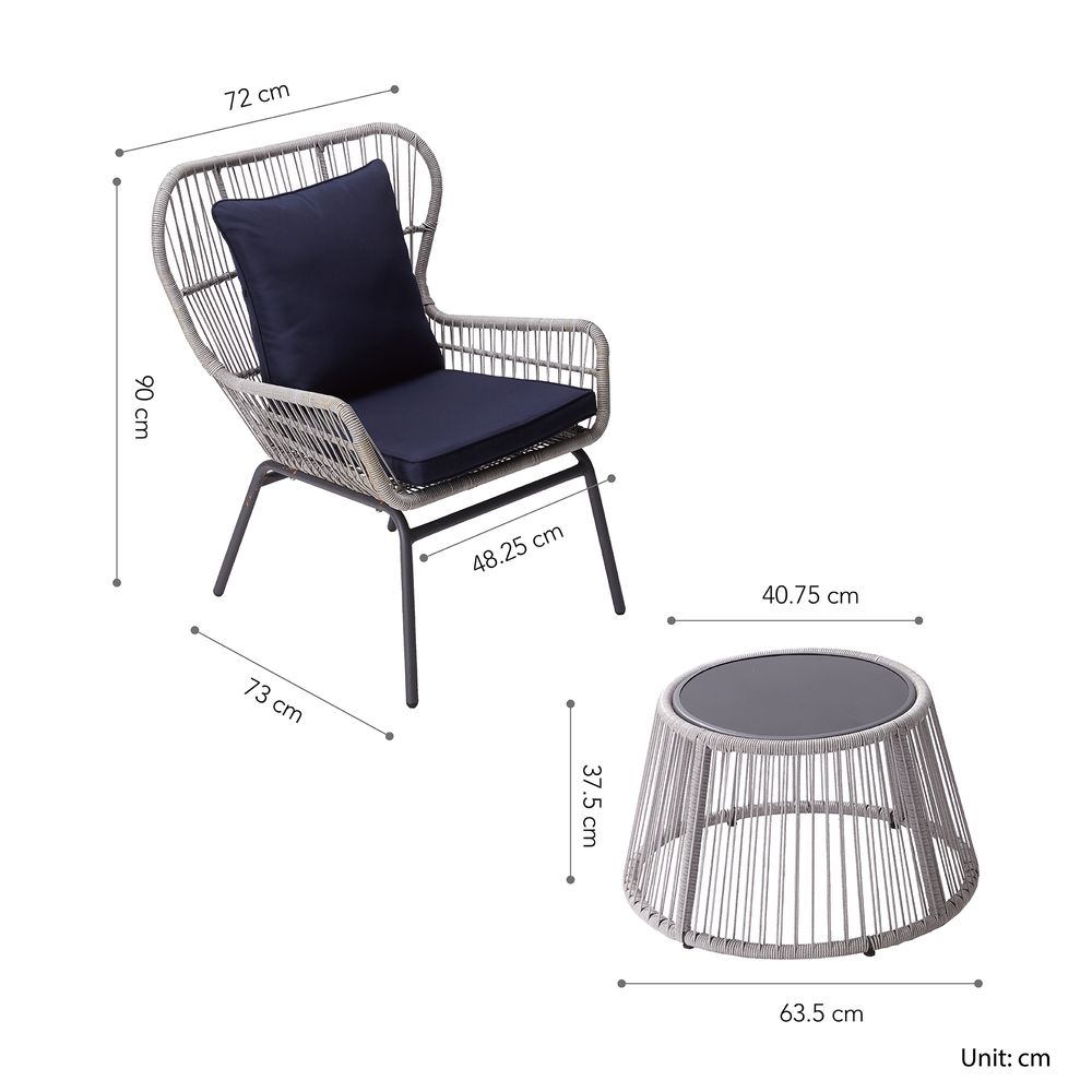 3-Piece Garden Patio Furniture: Rattan Table & 2 Chairs with Cushions