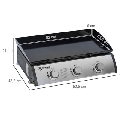 Portable Gas Plancha BBQ Grill with 3 Stainless Steel Burners, 9kW