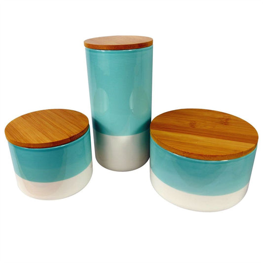 Aqua Green Set of Three Ceramic Storage Canisters with Lids