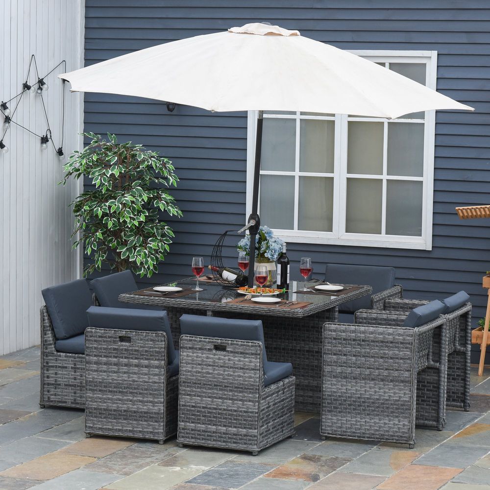 9-Piece Rattan Dining Set - 8-Seater Cube Sofa, Table, and Umbrella, Grey