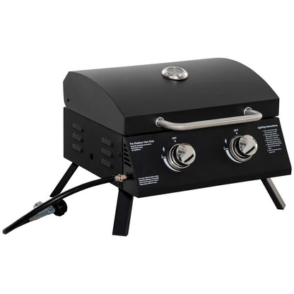 2-Burner Portable Gas BBQ Grill - Folding Tabletop, Black, with Lid and Thermometer