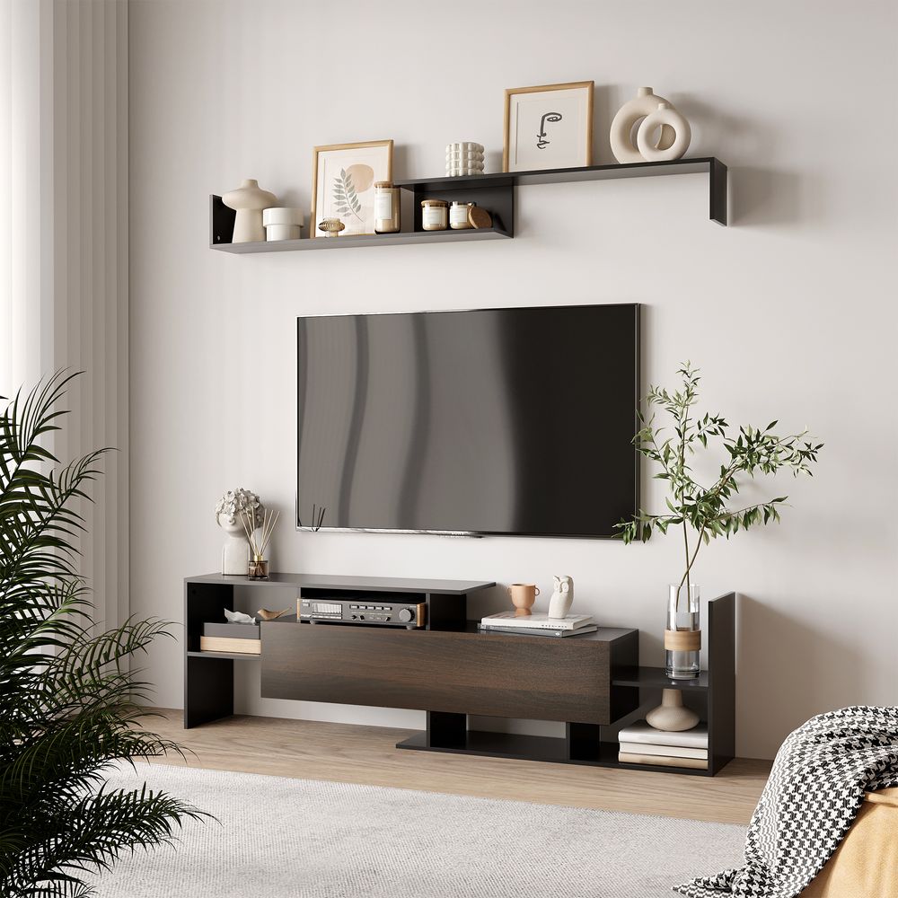 Black and Brown TV Cabinet Unit with Wall-Mounted Shelf & Open Shelves