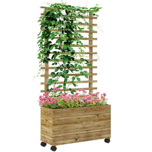 Outsunny Garden Wooden Trellis Planter Box Raised Bed w/ 4 Wheels, Natural