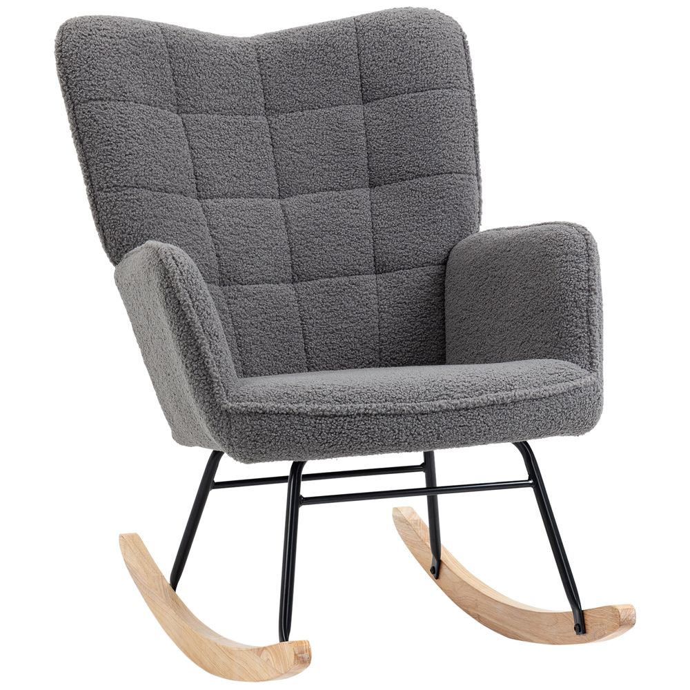 Wingback Rocking Chair for Nursing with Steel Frame and Wooden Base, Grey