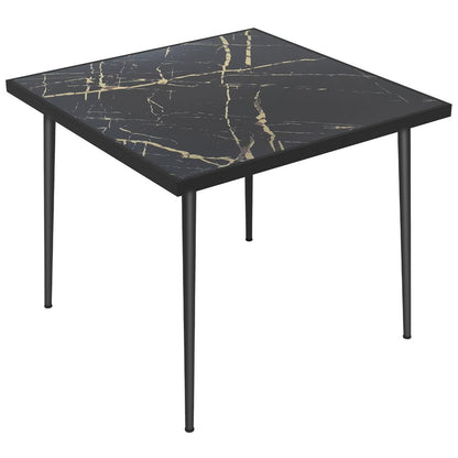 Outdoor Dining Table for 4 with Marble Effect and Tempered Glass Top, Black