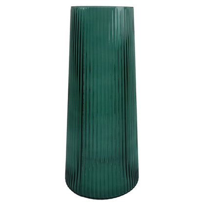 28cm Green Ridged Glass Vase, Stylish and Modern