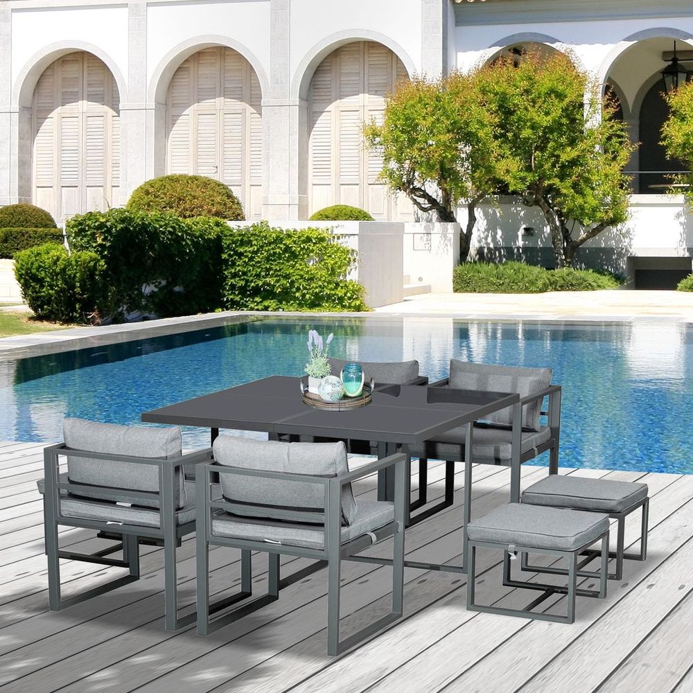 9-Piece Patio Dining Set with 4 Chairs and 4 Ottomans, Cushioned Seating