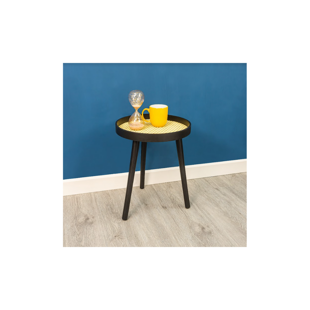 Cane Black Round Side Table, Modern and Chic