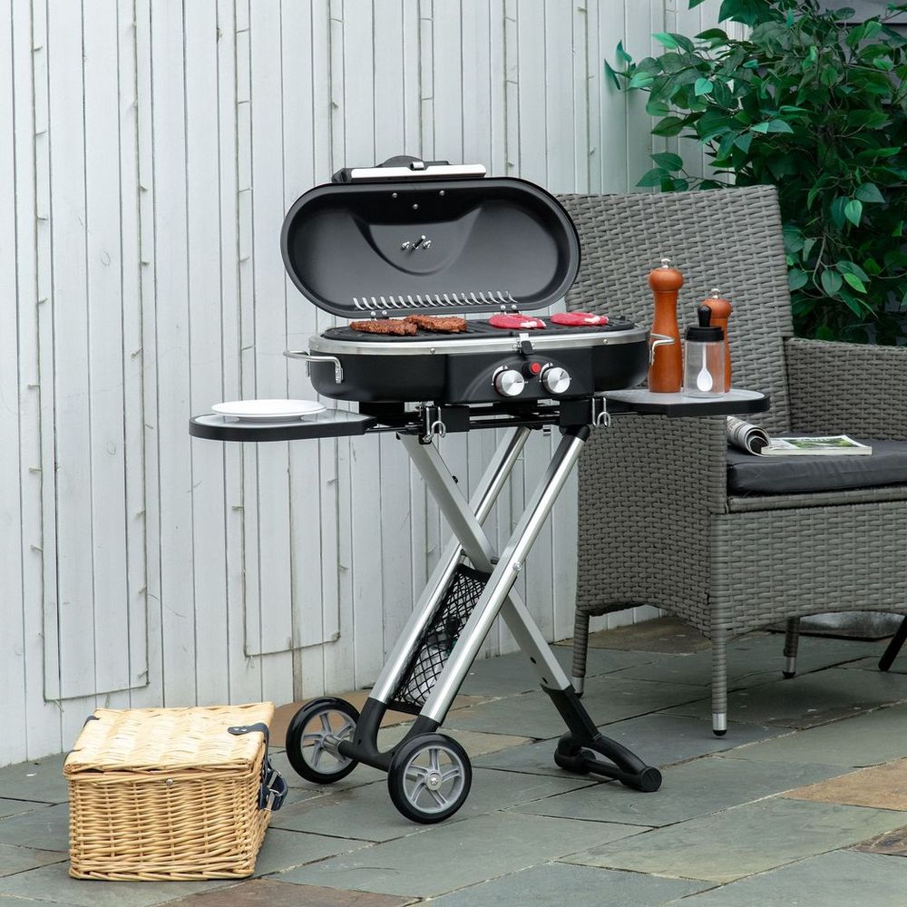 Foldable 2-Burner Gas BBQ Grill Trolley with Side Shelves and Storage Pocket