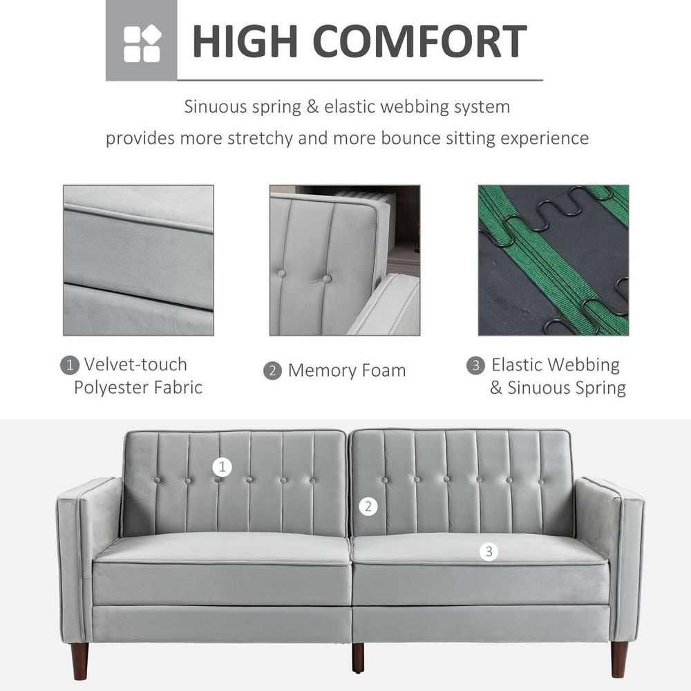 Convertible Sofa Futon Velvet-Touch Tufted Couch Sofa Bed Split Back Grey