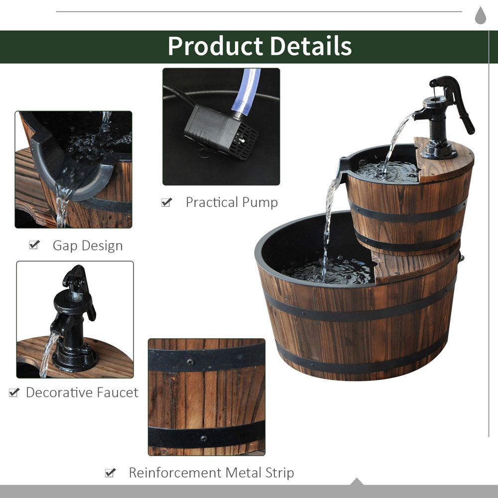 2-Tier Wooden Water Pump Fountain, Fir Wood and Steel Construction