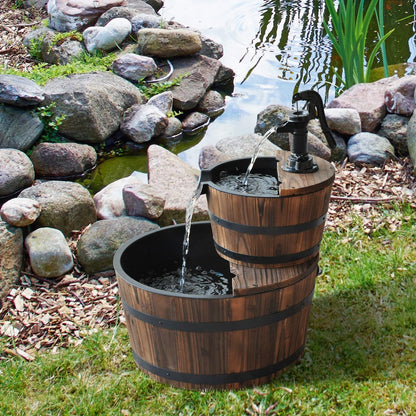 2-Tier Wooden Water Pump Fountain, Fir Wood and Steel Construction