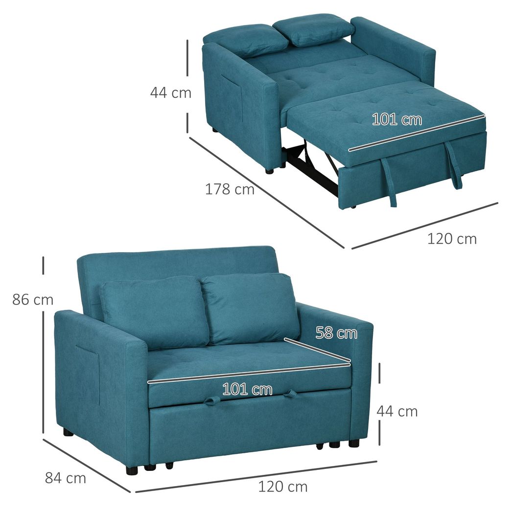 2 Seater Sofa Bed Convertible Bed Settee with Cushions, Pockets, Blue