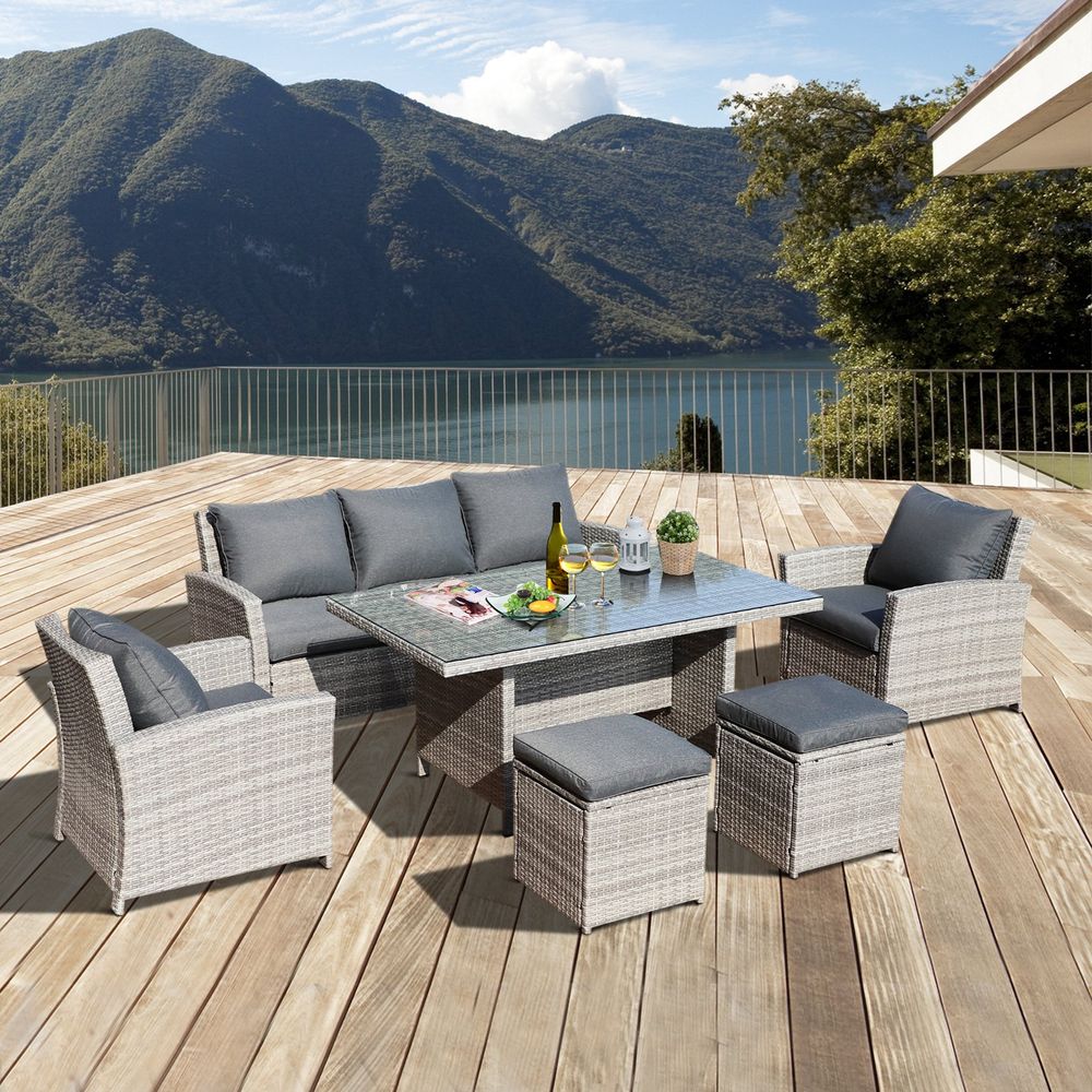 6Pcs Rattan Dining Set Sofa Table Footstool Outdoor w/ Cushion Garden Furniture