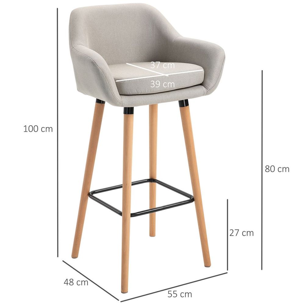 2 Modern Upholstered Fabric Bar Stools - Bucket Seat, Solid Wood Legs, Beige