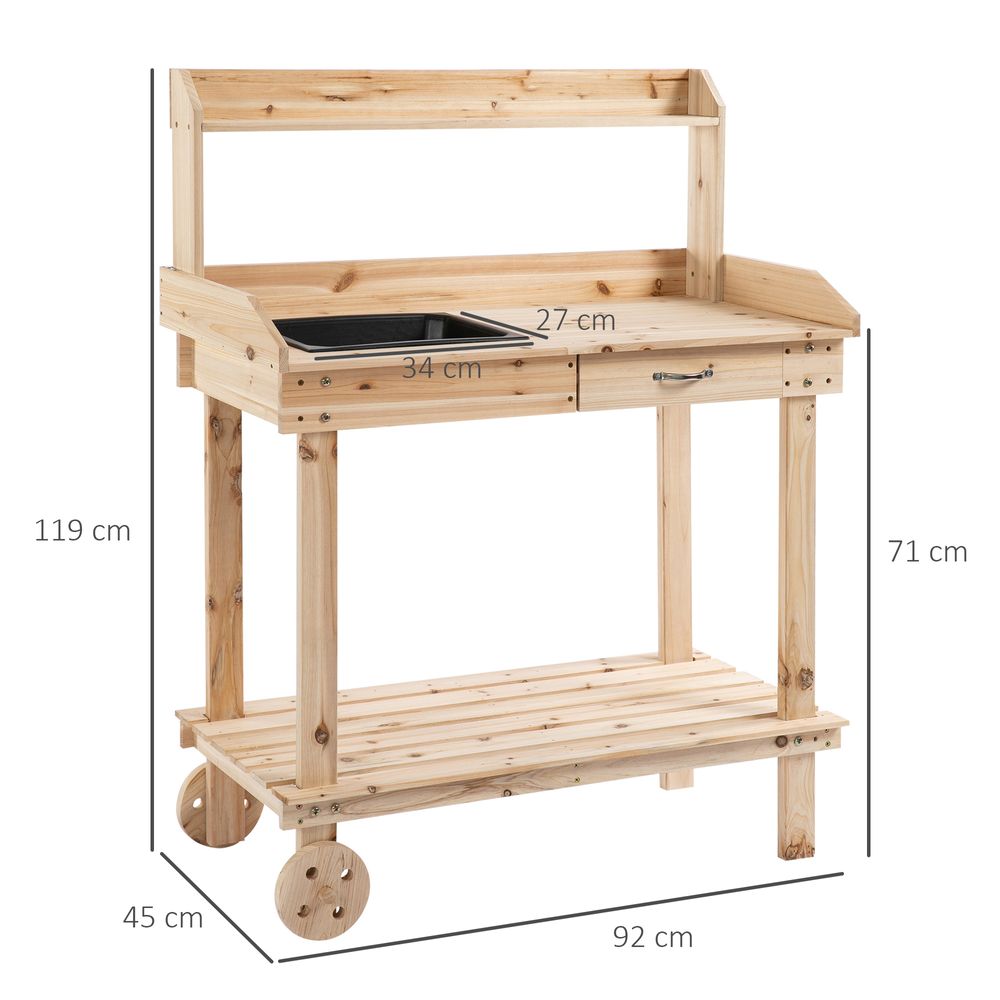 Wooden Bench Work Table - Includes Sink, Drawer, Storage Spaces, with 2 Wheels, 92x45x119cm