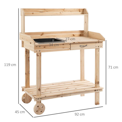 Wooden Bench Work Table - Includes Sink, Drawer, Storage Spaces, with 2 Wheels, 92x45x119cm