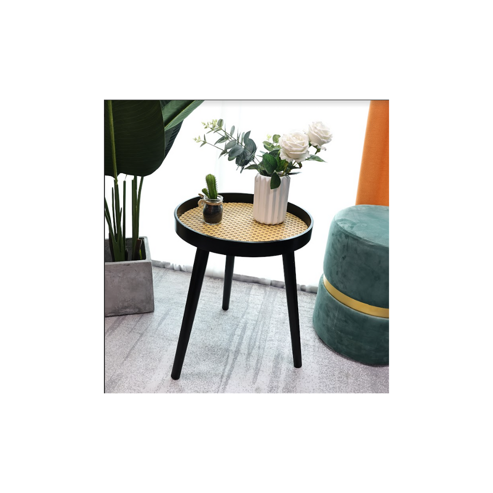 Cane Black Round Side Table, Modern and Chic