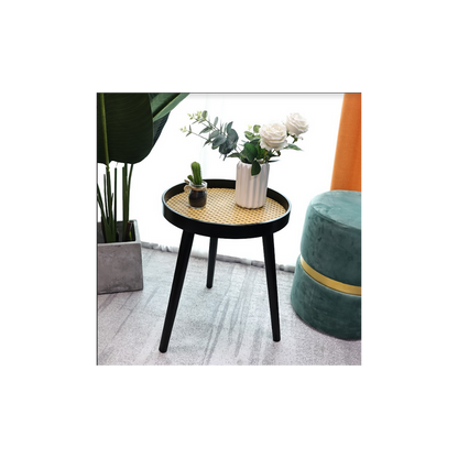 Cane Black Round Side Table, Modern and Chic