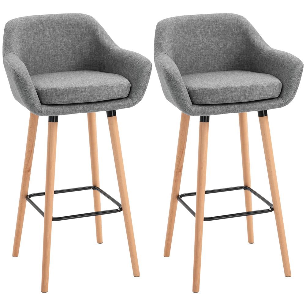 2 Modern Upholstered Fabric Bar Stools - Bucket Seat, Solid Wood Legs, Grey