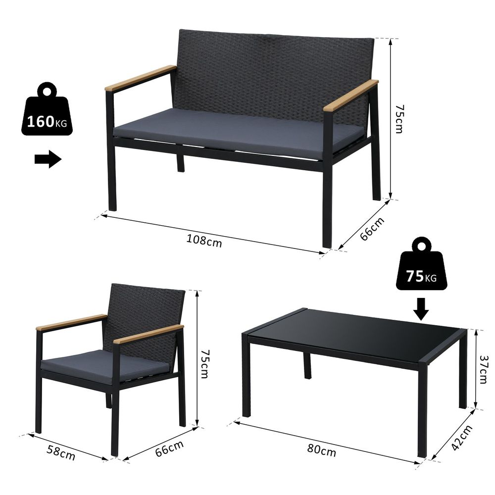 4-Seater Outdoor PE Rattan Table and Chairs Set in Black