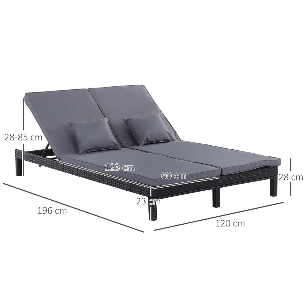 2-Seater Adjustable Rattan Lounger with Cushions in Black