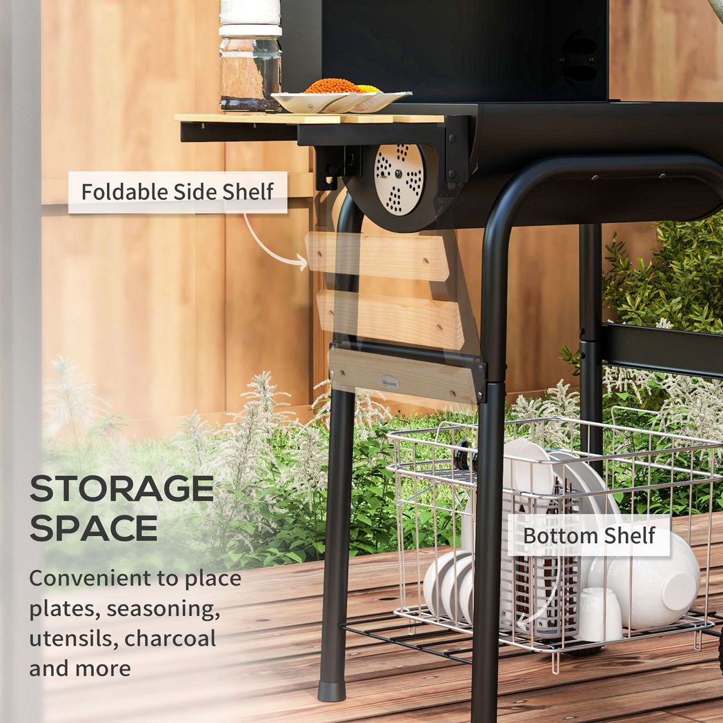 Charcoal BBQ Grill Trolley with Shelves, Lid & Thermometer