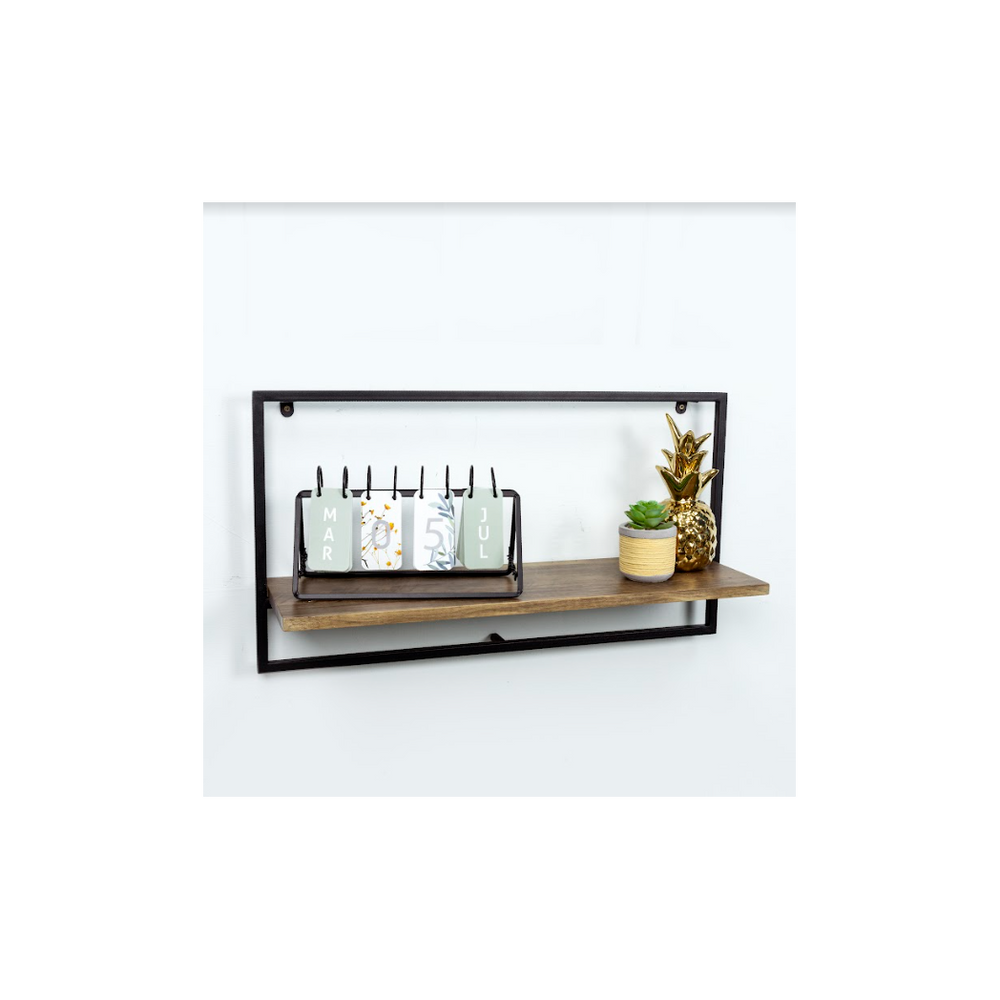 Wide Dark Oak Floating Wall Shelf with Black Metal Frame