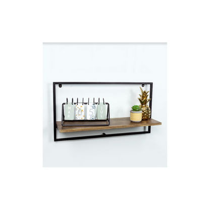 Wide Dark Oak Floating Wall Shelf with Black Metal Frame