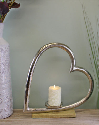 Large Metal Heart Candle Holder on Wooden Base, Romantic Home Accent