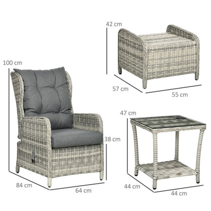 Outsunny Recliner Rattan Sun Lounger w/ Two-tier Table & Cushions, Mixed Grey