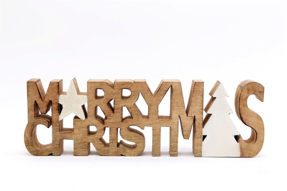 Carved Wooden 'Merry Christmas' Word Ornament, Festive Decoration