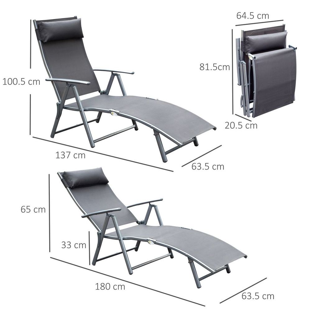 Sun Lounger Recliner w/ Pillow Foldable 7 Levels Textilene Grey