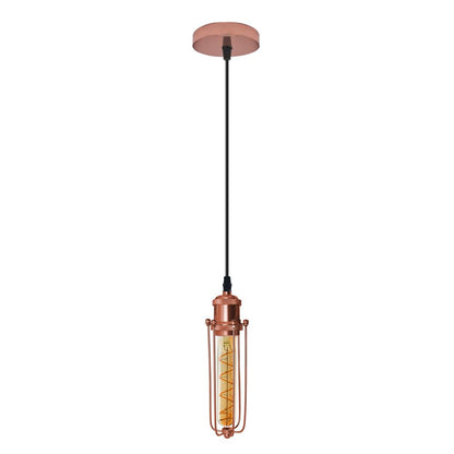 Single Rose Gold Ceiling E27 Pendant Light with Wire Cage, Industrial Vintage Hanging Lamp Fixture