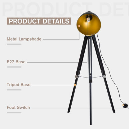 Retro Tripod Floor Lamp with Dome Shade and Wooden Legs in Black/Gold