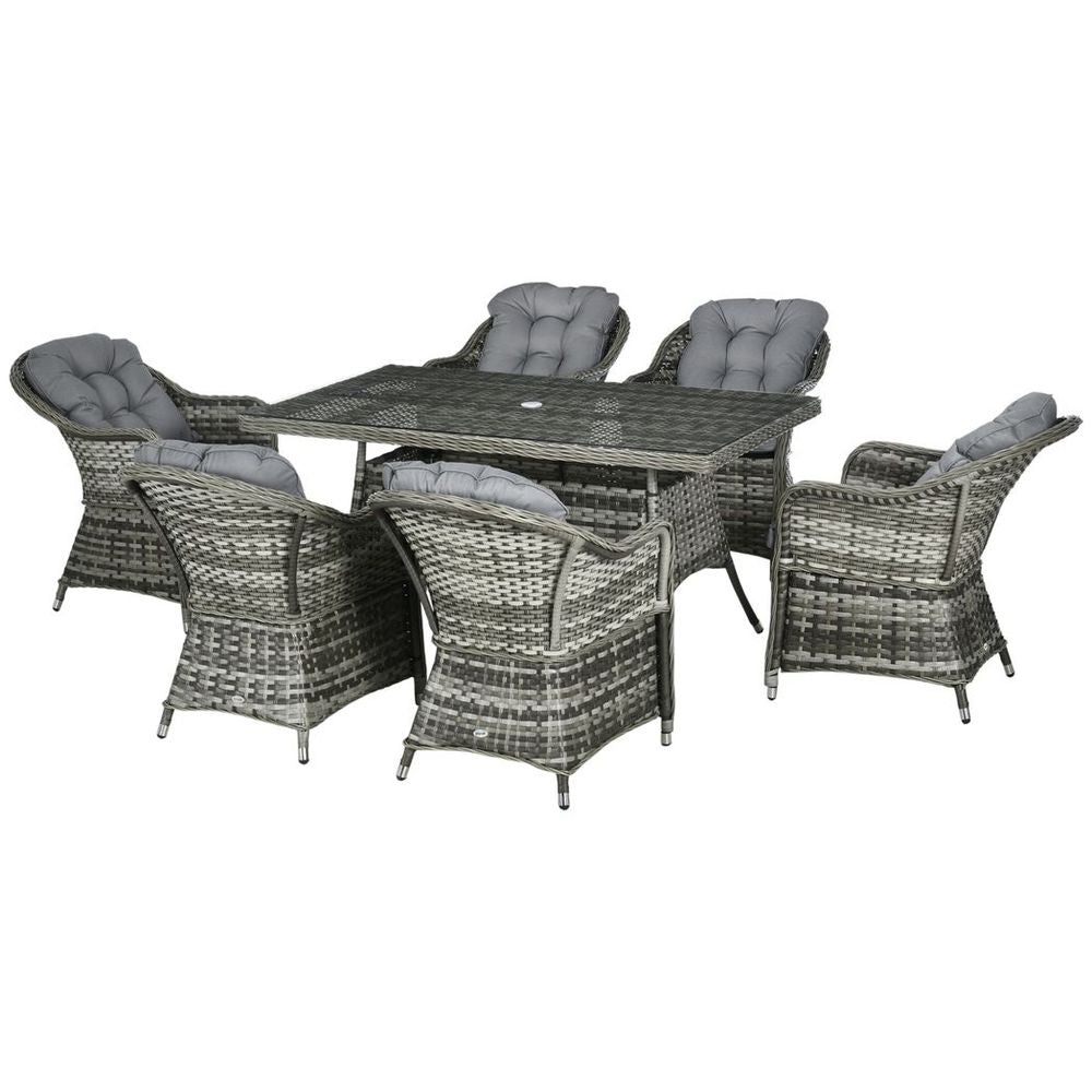 7-Piece Rattan Dining Set with Tempered Glass Table and Umbrella Hole