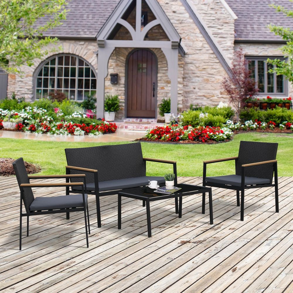 4-Seater Outdoor PE Rattan Table and Chairs Set in Black