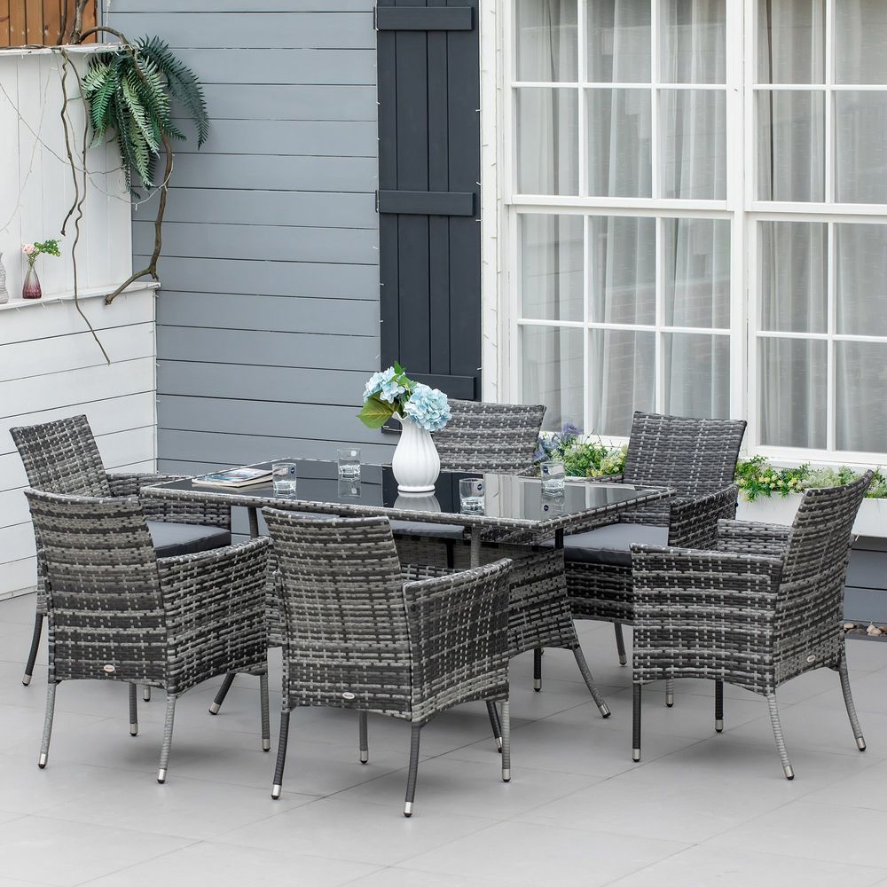 Rattan Garden Dining Set - 6-Seater Patio Set with Rectangular Table and Cube Chairs