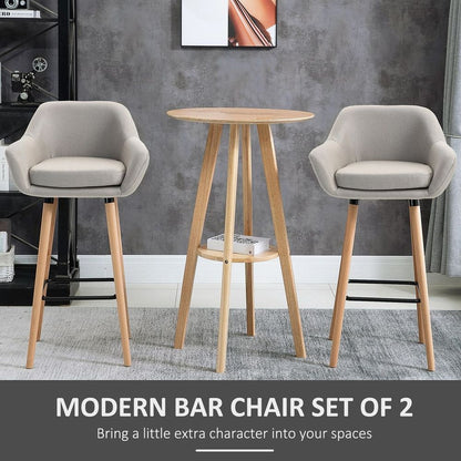 2 Modern Upholstered Fabric Bar Stools - Bucket Seat, Solid Wood Legs, Beige