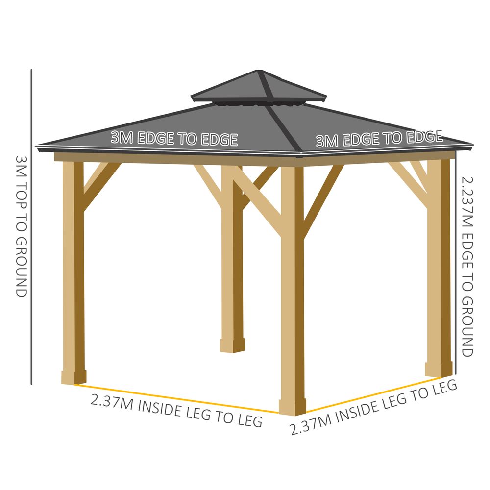 3x3M Hardtop Gazebo with 2-Tier Roof and Solid Wood Frame Grey