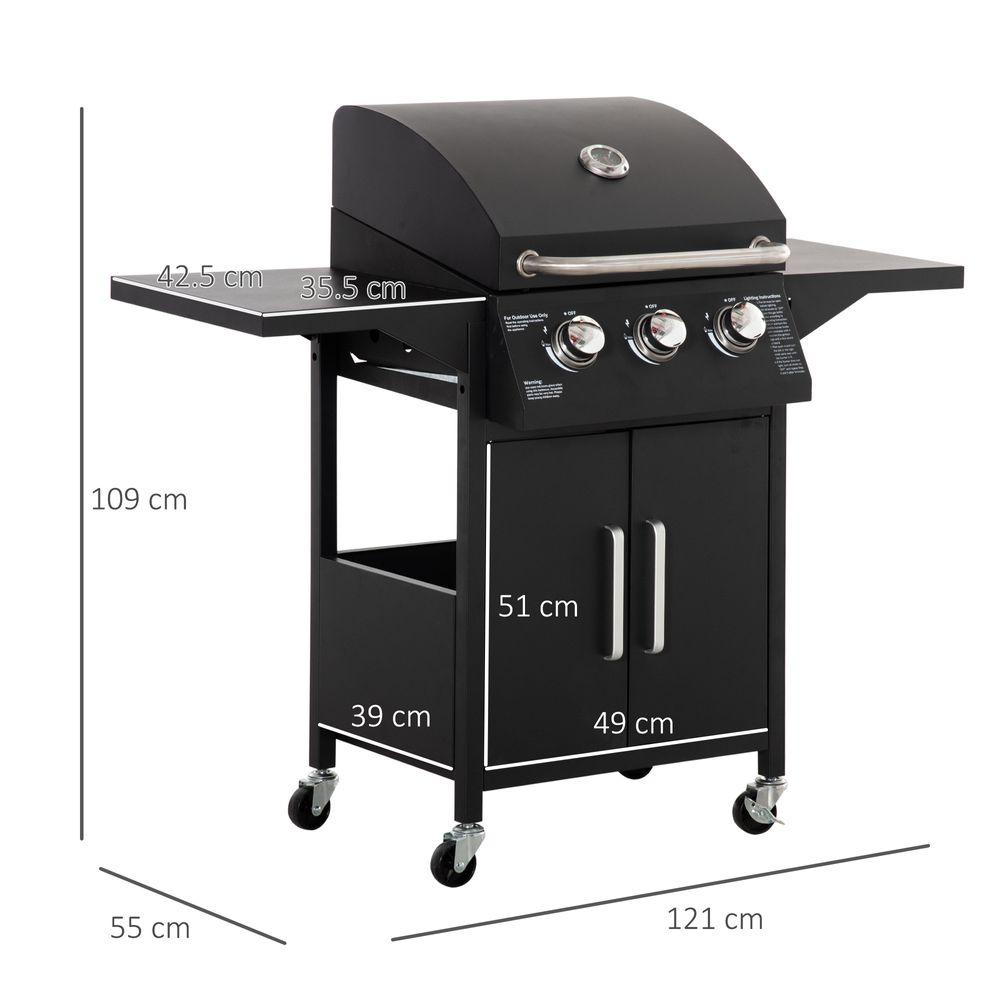 3-Burner Gas BBQ Grill - Portable Barbecue Trolley with Warming Rack and Storage Cabinet