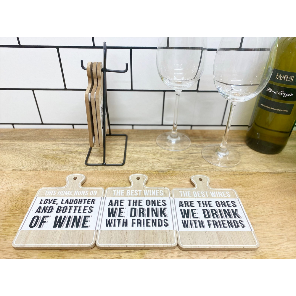 Set of 6 Wine Slogan Coasters with Metal Stand, Fun and Practical