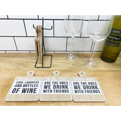 Set of 6 Wine Slogan Coasters with Metal Stand, Fun and Practical