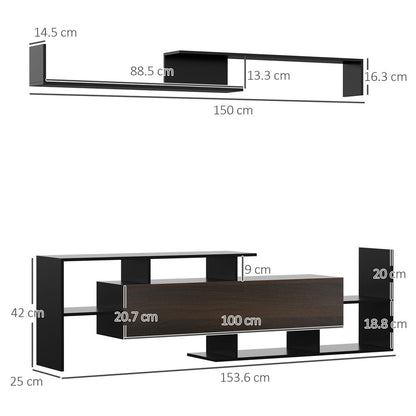 Black and Brown TV Cabinet Unit with Wall-Mounted Shelf & Open Shelves